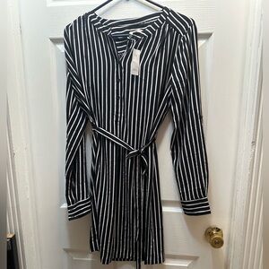LOFT Black and White Vertical Striped Belted Shirt Dress
